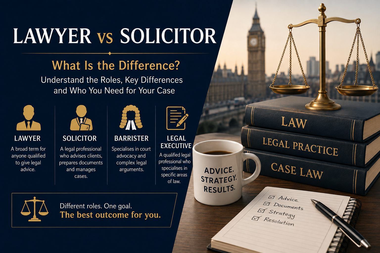 Infographic comparing lawyers, solicitors, barristers, and legal executives with legal books, scales of justice, and the London skyline.