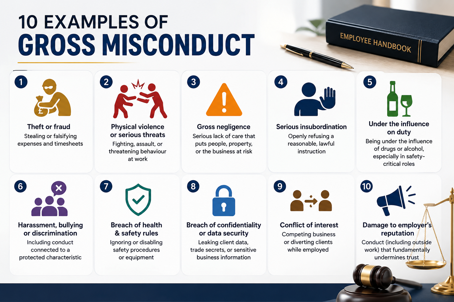 Infographic illustrating 10 common examples of gross misconduct in the workplace, including theft, violence, negligence, harassment, safety breaches, confidentiality violations, conflicts of interest, and reputational damage