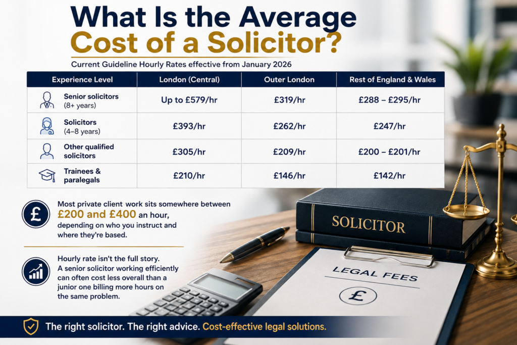 Infographic showing average solicitor hourly costs in England and Wales, with a comparison table by experience level and region alongside legal office items.