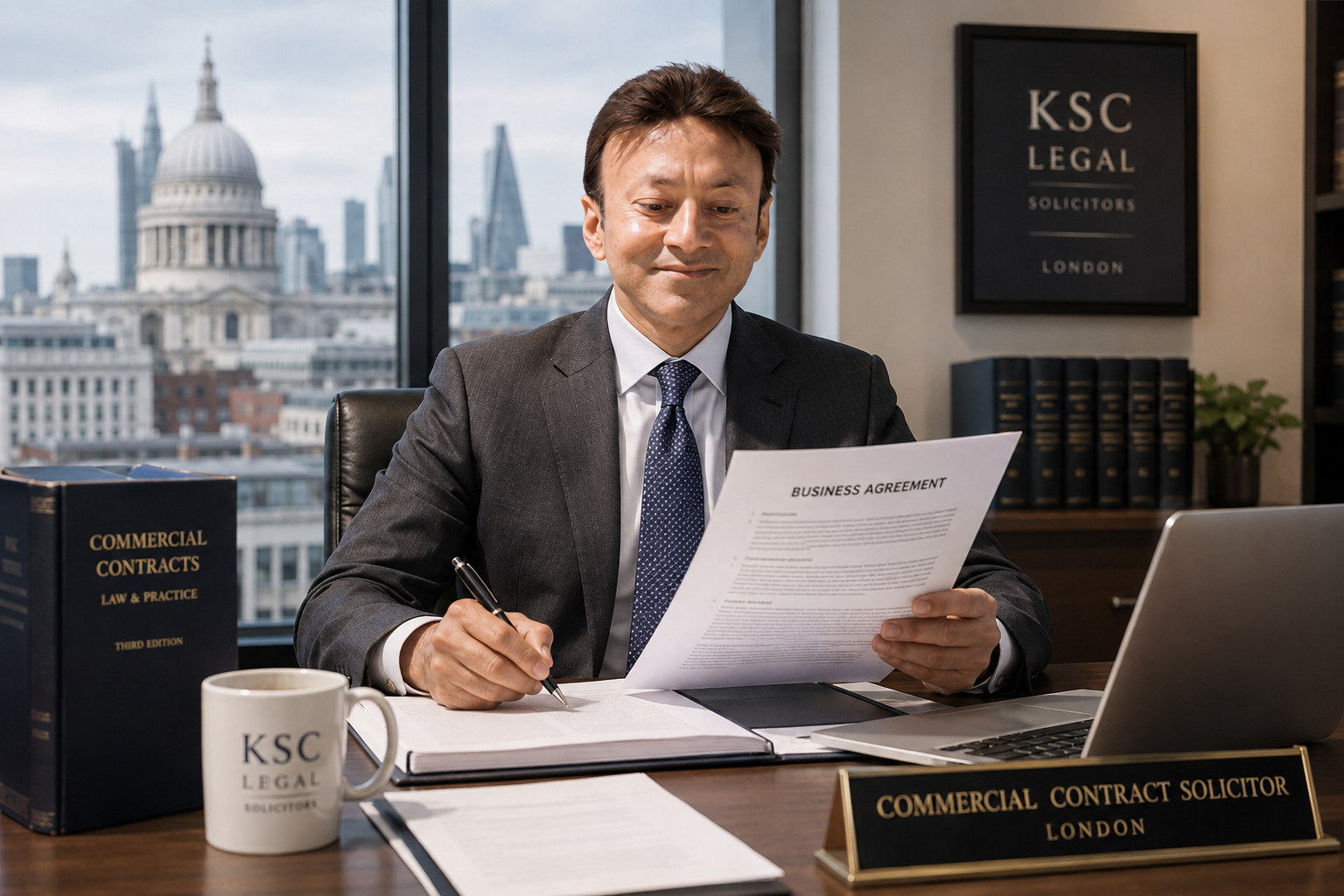 Commercial contract solicitor in London reviewing a business agreement