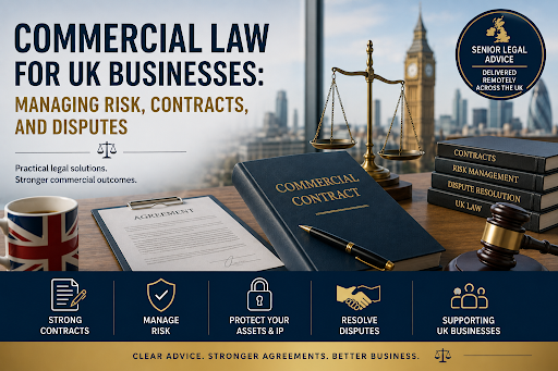 Commercial law for UK businesses featuring contracts, risk management, intellectual property protection, dispute resolution, and senior legal advice.