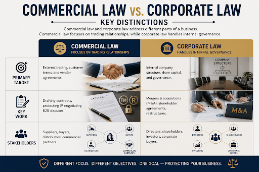 Comparison of commercial law and corporate law showing their different focus, key legal work, and stakeholders in business operations. 
