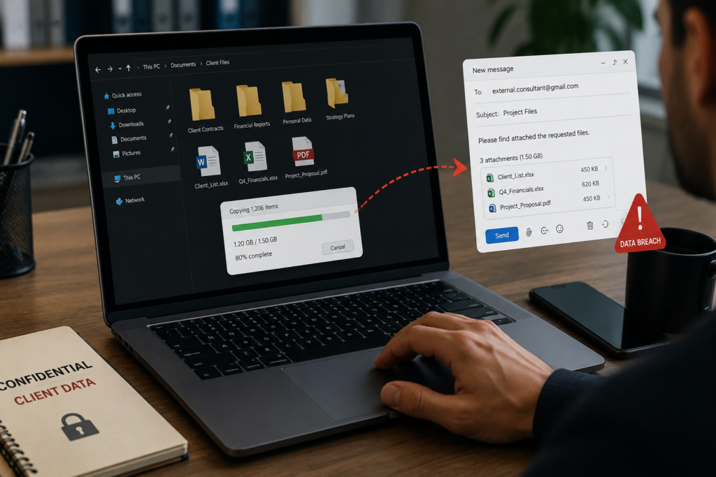 Employee sending confidential client files externally, illustrating a data security breach 