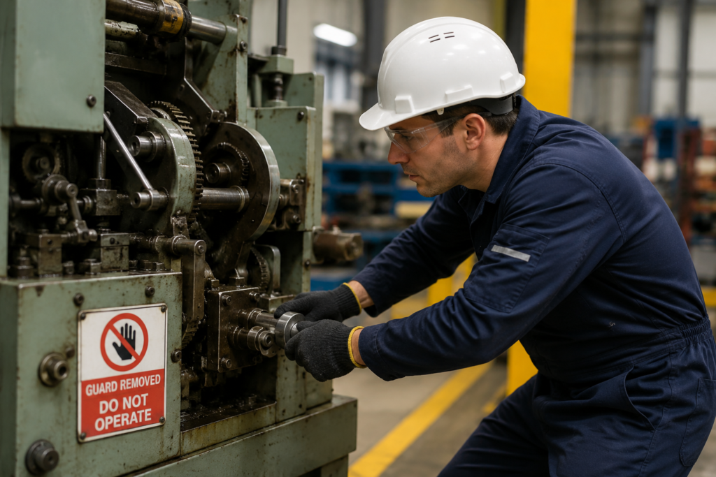 Employee operating machinery after a safety guard has been removed, illustrating a serious health and safety breach 