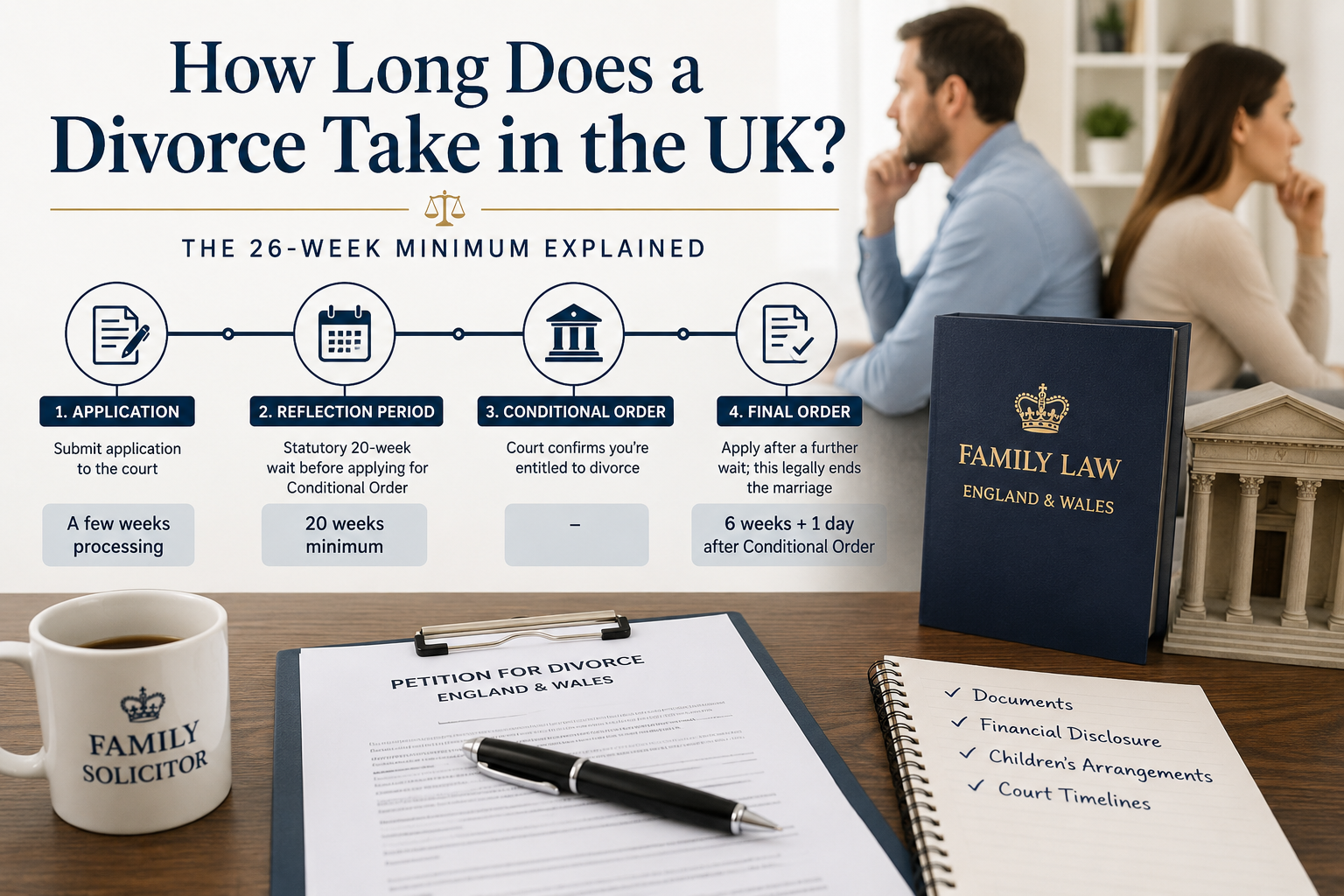 How long does a divorce take in the UK? 26-week divorce process timeline showing the application, reflection period, Conditional Order and Final Order.