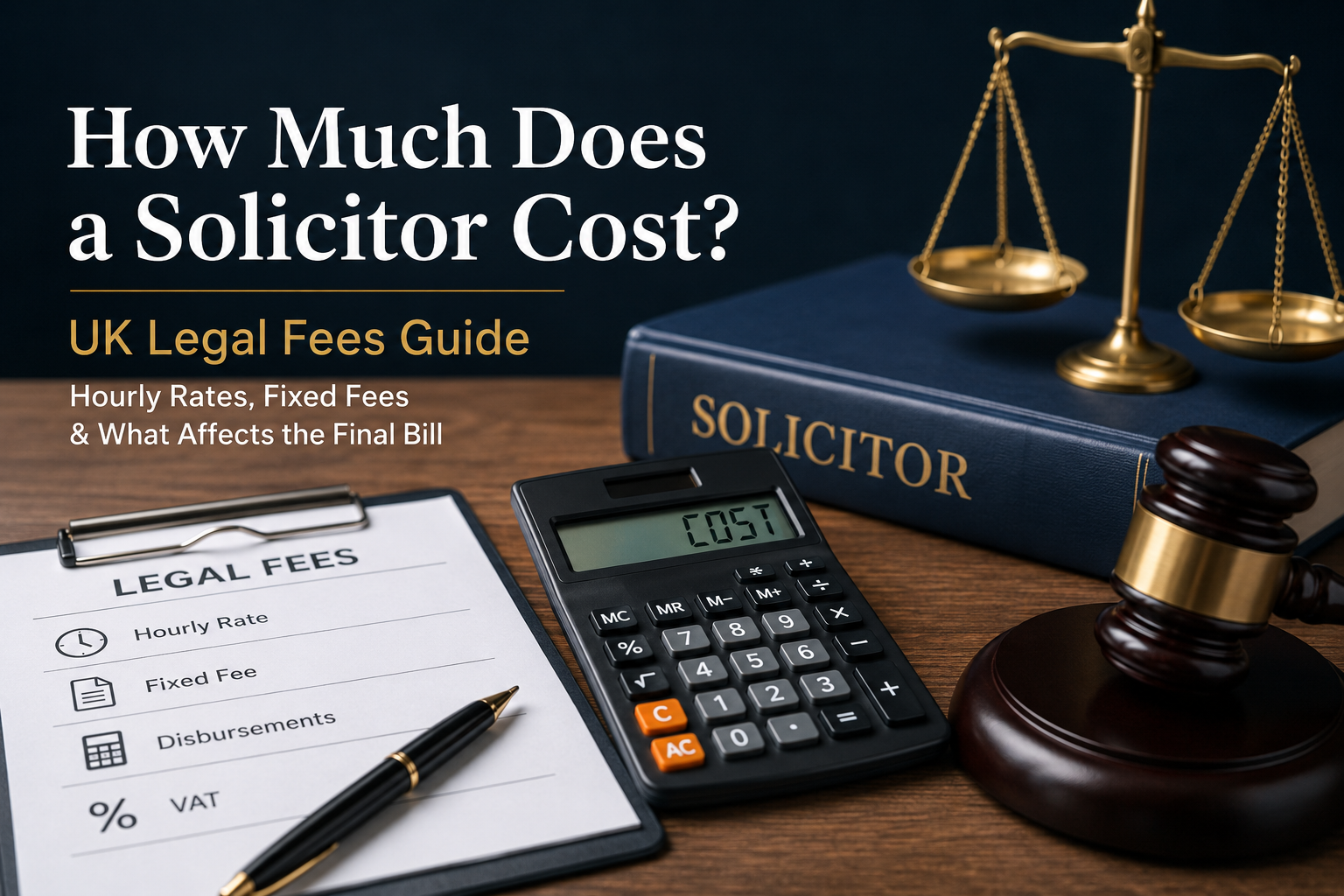 Calculator, legal documents, scales of justice, and gavel illustrating UK solicitor costs and legal fees.