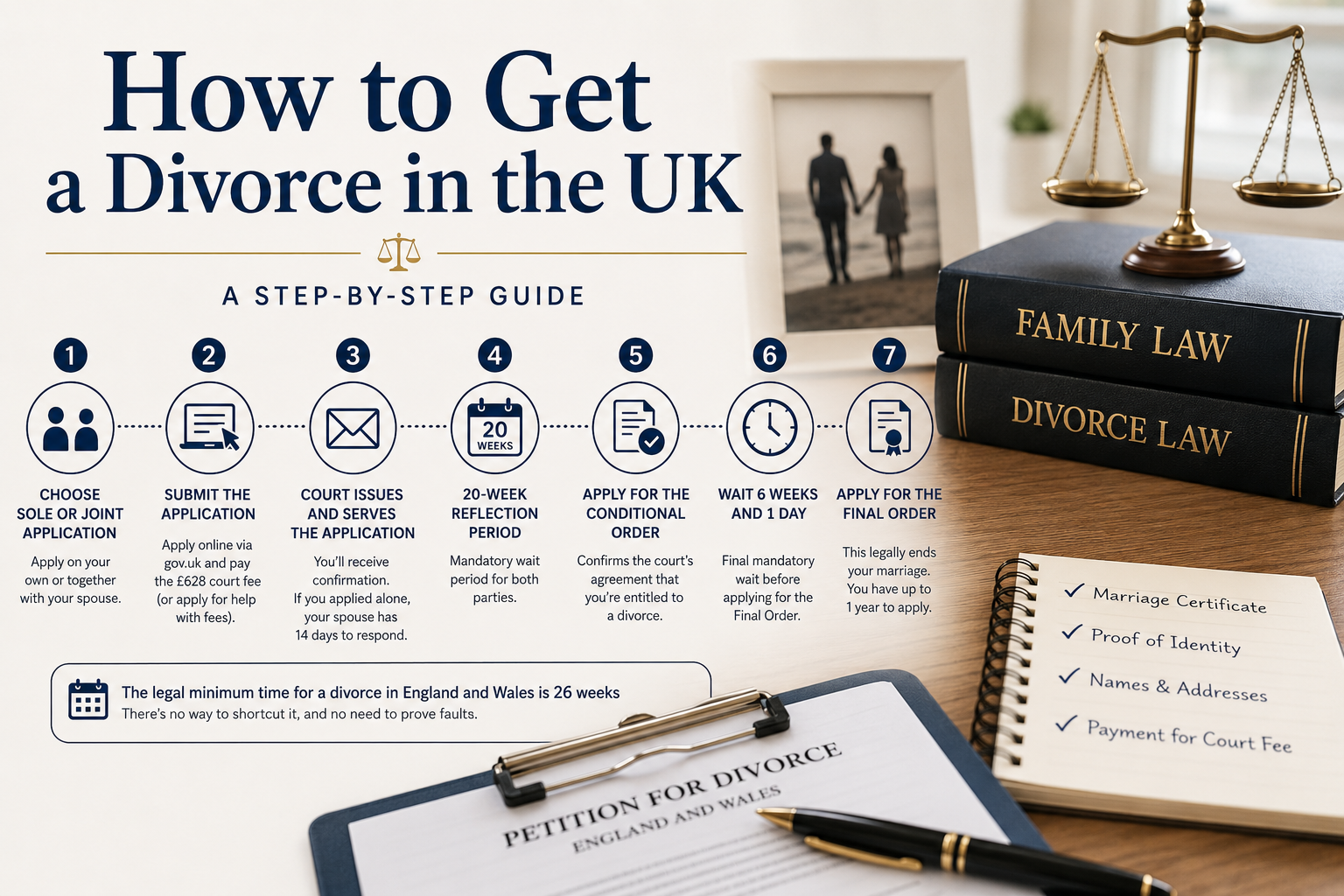 How to get a divorce in the UK, showing the seven-step divorce process from application to Final Order, including the 20-week reflection period and six-week-and-one-day waiting period.