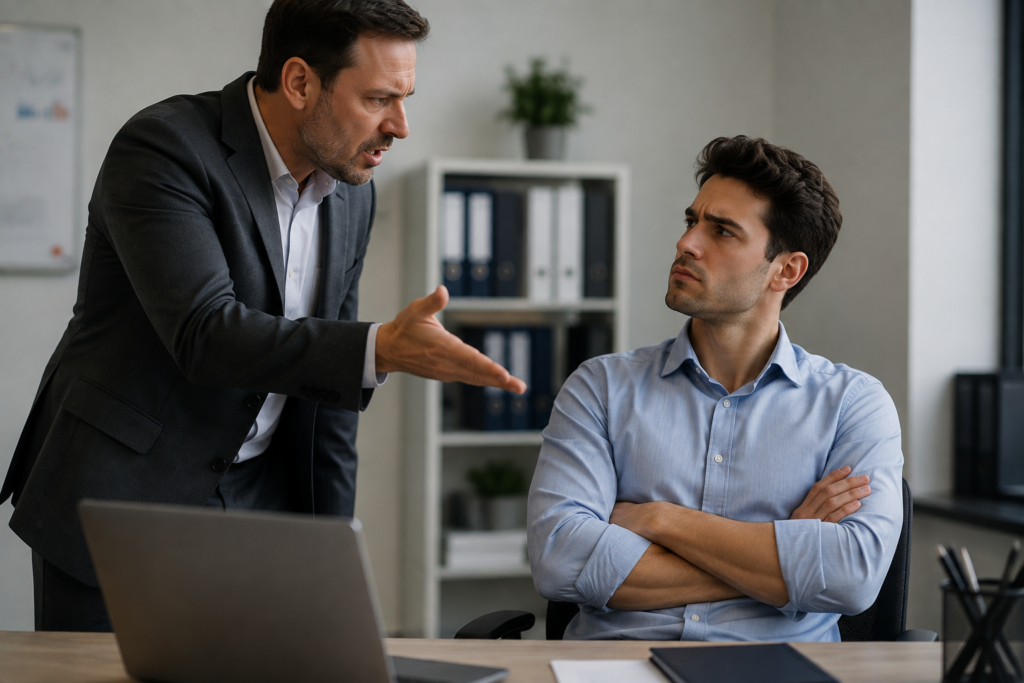 Manager confronting an employee during a serious workplace dispute 