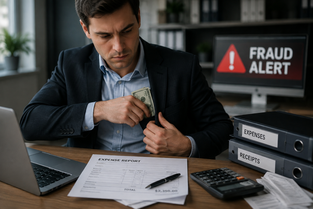 Employee concealing cash while fraudulent expense records and a fraud alert appear in the background 