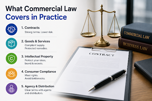 Commercial law infographic covering contracts, goods and services, intellectual property, consumer compliance, and agency and distribution agreements. 

