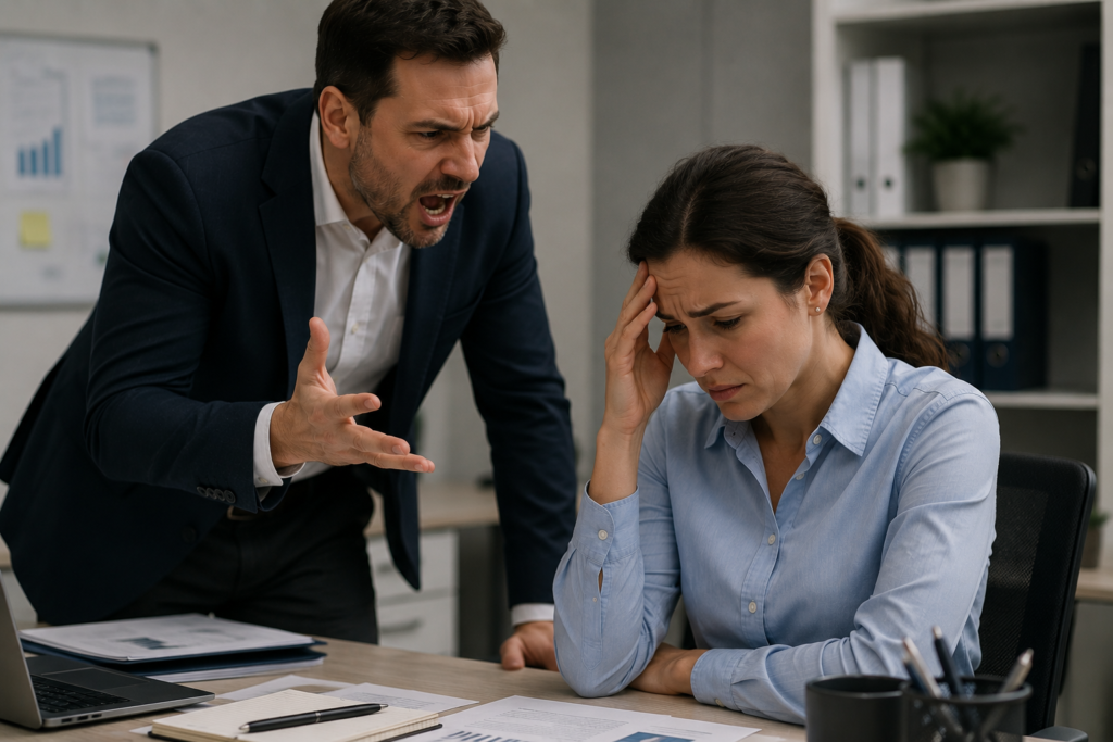 Manager behaving aggressively toward an employee in a workplace bullying incident 