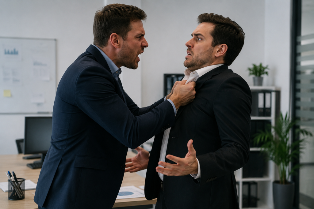 Employee physically confronting a colleague in an aggressive workplace incident 
