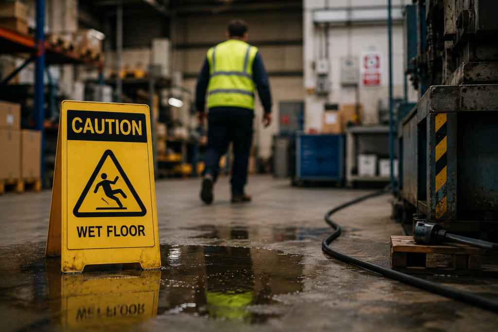 Wet factory floor with a caution sign highlighting a workplace safety hazard 